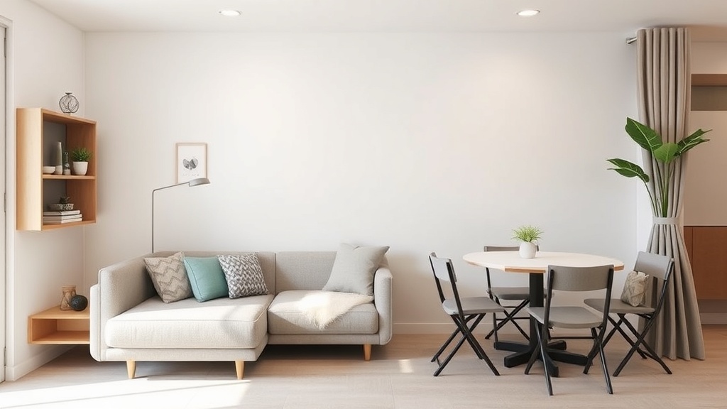 20평 아파트 공간 활용 아이디어를 시각적으로 표현한 이미지. 밝은 톤의 미니멀 거실, 벽면 선반, 다용도 가구, 깔끔한 수납배치가 강조된 이미지.