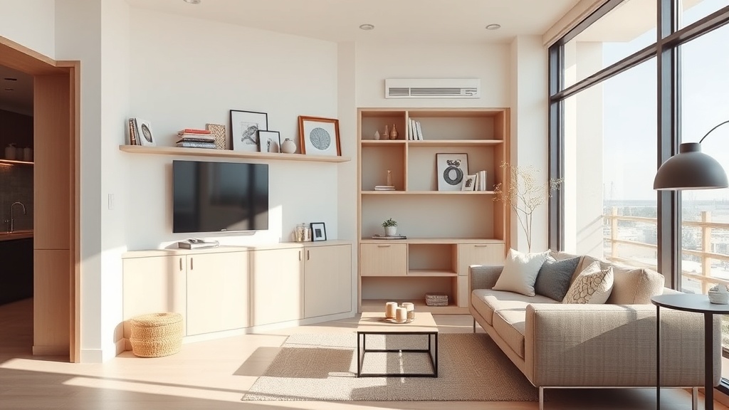 20평 아파트 공간 활용 아이디어를 시각적으로 표현한 이미지. 밝은 톤의 미니멀 거실, 벽면 선반, 다용도 가구, 깔끔한 수납배치가 강조된 이미지.