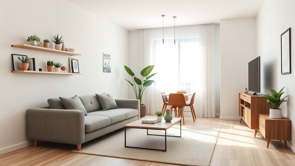 20평 아파트 공간 활용 아이디어를 시각적으로 표현한 이미지. 밝은 톤의 미니멀 거실, 벽면 선반, 다용도 가구, 깔끔한 수납배치가 강조된 이미지.