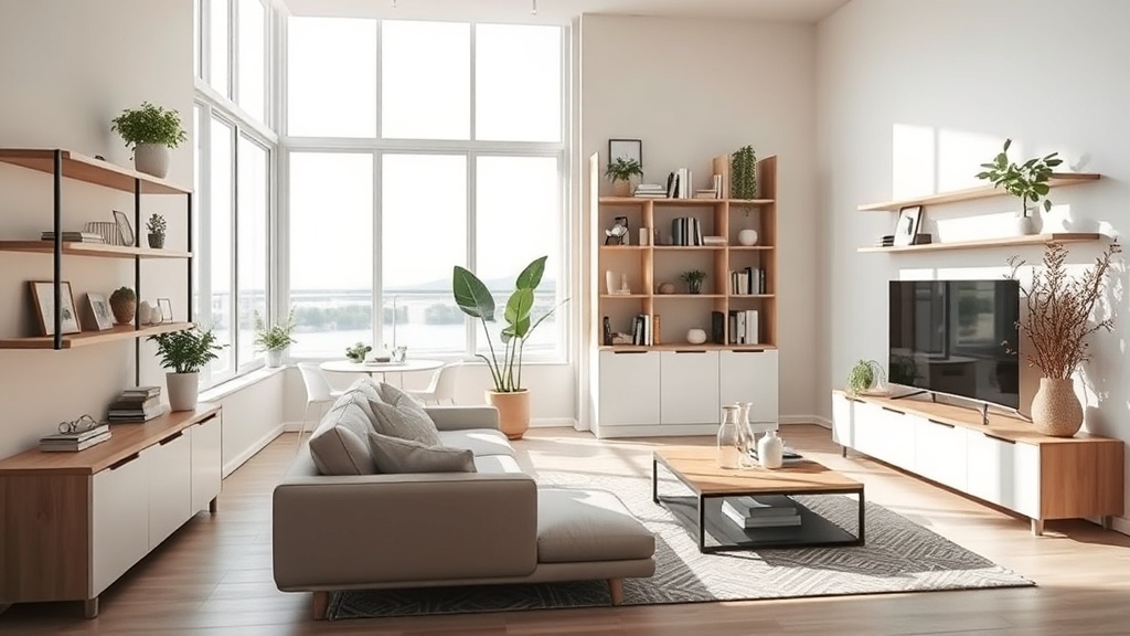 20평 아파트 공간 활용 아이디어를 시각적으로 표현한 이미지. 밝은 톤의 미니멀 거실, 벽면 선반, 다용도 가구, 깔끔한 수납배치가 강조된 이미지.