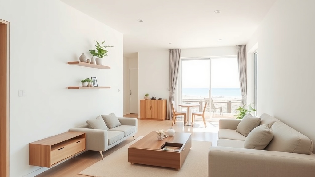 20평 아파트 공간 활용 아이디어를 시각적으로 표현한 이미지. 밝은 톤의 미니멀 거실, 벽면 선반, 다용도 가구, 깔끔한 수납배치가 강조된 이미지.