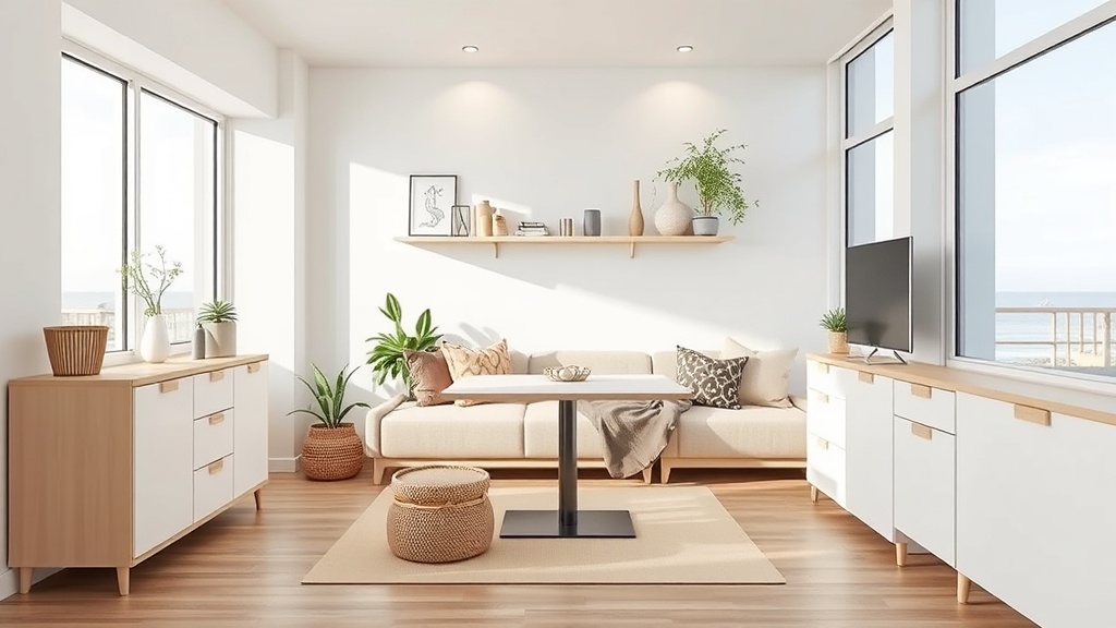 20평 아파트 공간 활용 아이디어를 시각적으로 표현한 이미지.
밝은 톤의 미니멀 거실, 벽면 선반, 다용도 가구, 깔끔한 수납배치가 강조된 이미지.