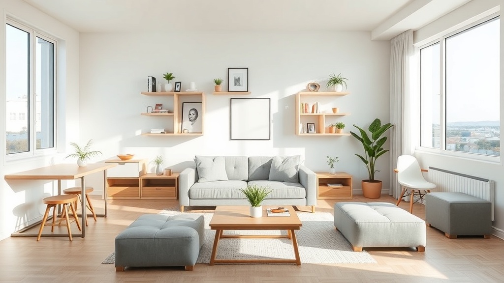 20평 아파트 공간 활용 아이디어를 시각적으로 표현한 이미지. 밝은 톤의 미니멀 거실, 벽면 선반, 다용도 가구, 깔끔한 수납배치가 강조된 이미지.