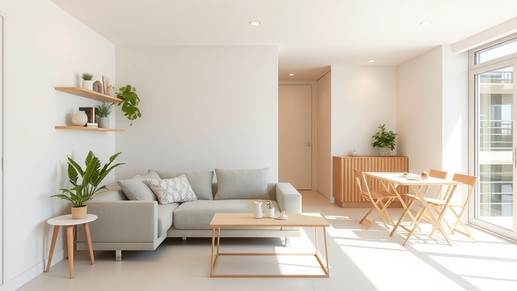 20평 아파트 공간 활용 아이디어를 시각적으로 표현한 이미지. 밝은 톤의 미니멀 거실, 벽면 선반, 다용도 가구, 깔끔한 수납배치가 강조된 이미지.