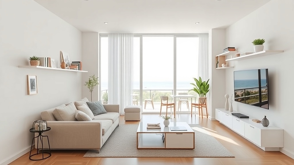 “20평 아파트 공간 활용 인테리어 – 다용도 가구와 벽면 수납으로 넓어진 거실 모습”