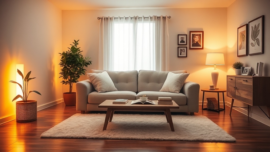 따뜻한 무드등이 켜진 거실 풍경
