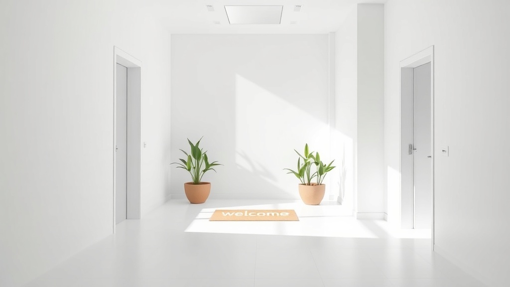 밝은 화이트톤의 심플한 입구 공간, 미니멀한 인테리어로 확 트인 느낌