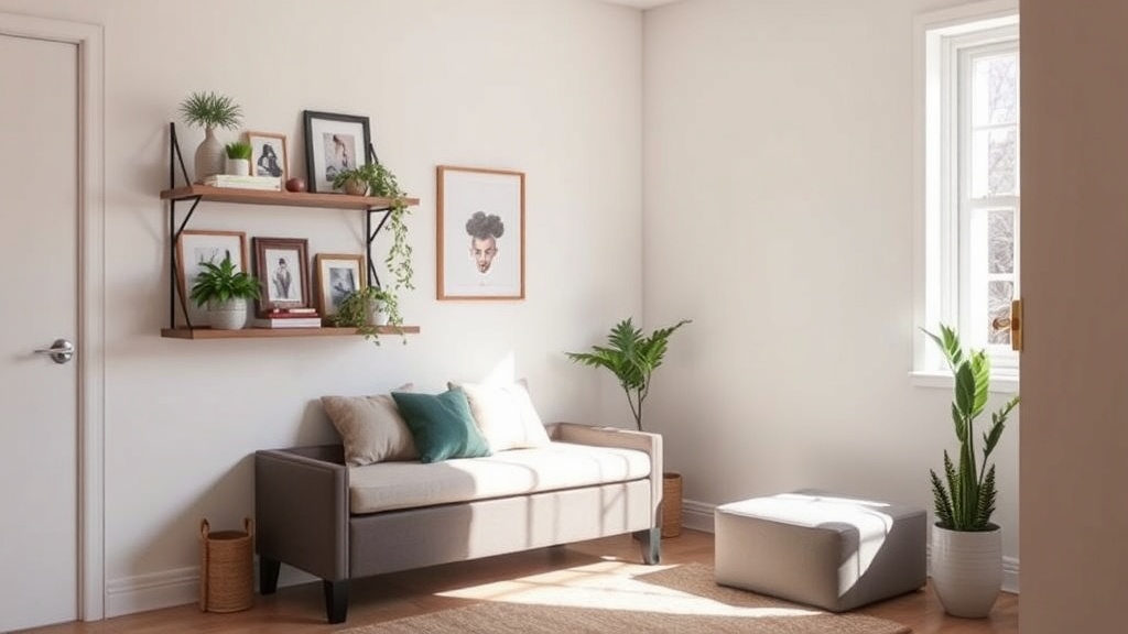 밝은 톤의 작은 거실에 벽면 선반·수납벤치·다용도 가구가 조화된 실제 인테리어 컷”