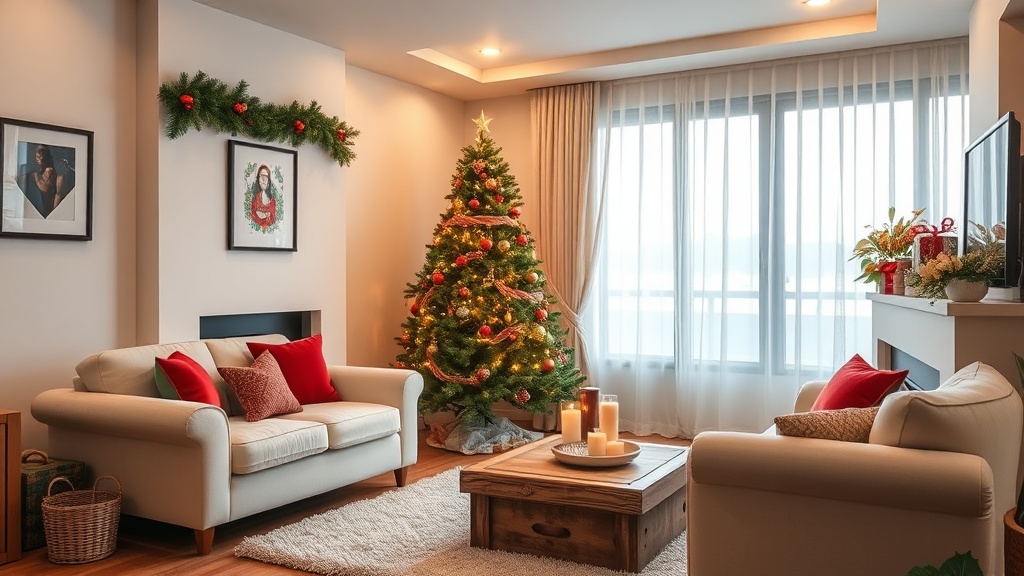 크리스마스 감성으로 따뜻하게 연출된 20평대 아파트 거실 모습
