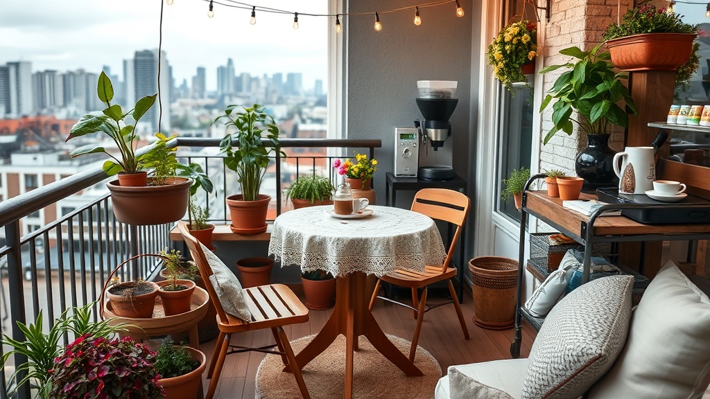 따뜻한 조명과 슬림 테이블로 꾸며진 베란다 홈카페 인테리어