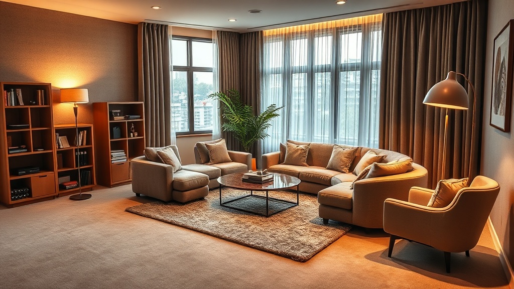 층간소음 인테리어를 적용한 아파트 거실 — 흡음재, 매트, 가구배치로 소음을 줄인 조용한 인테리어