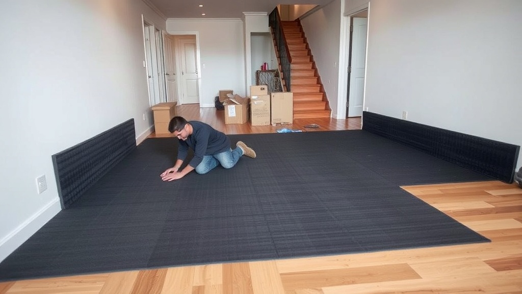 층간소음 인테리어를 적용한 아파트 거실 — 흡음재, 매트, 가구배치로 소음을 줄인 조용한 인테리어