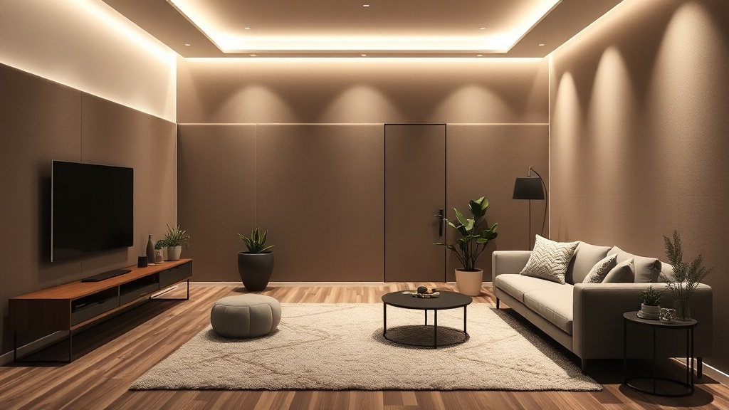 층간소음 인테리어를 적용한 아파트 거실 — 흡음재, 매트, 가구배치로 소음을 줄인 조용한 인테리어