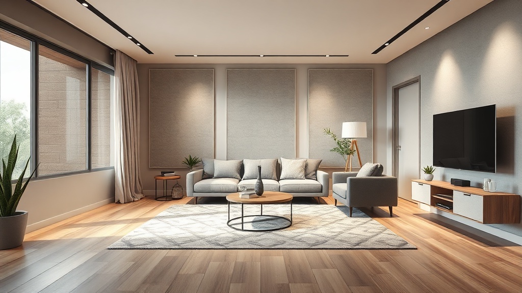 층간소음 인테리어를 적용한 아파트 거실 — 흡음재, 매트, 가구배치로 소음을 줄인 조용한 인테리어