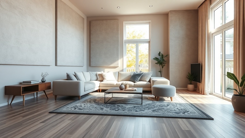 층간소음 인테리어를 적용한 아파트 거실 — 흡음재, 매트, 가구배치로 소음을 줄인 조용한 인테리어