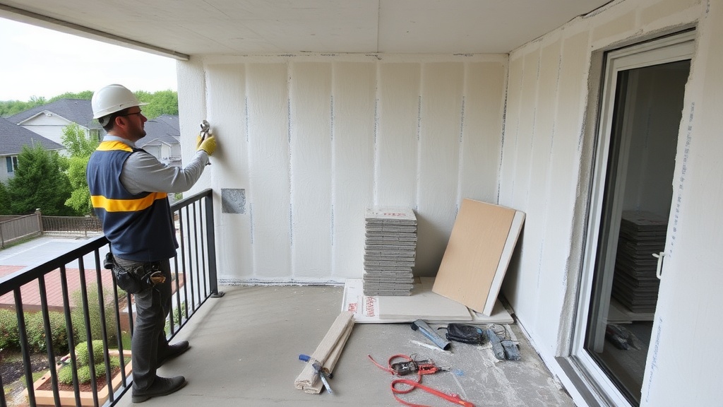 베란다 단열 공사 시 XPS 단열재를 벽면에 설치하는 모습