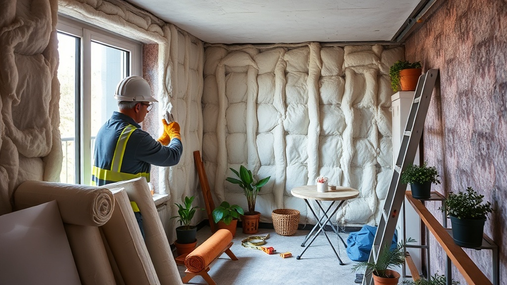 베란다 단열 공사 시 XPS 단열재를 벽면에 설치하는 모습