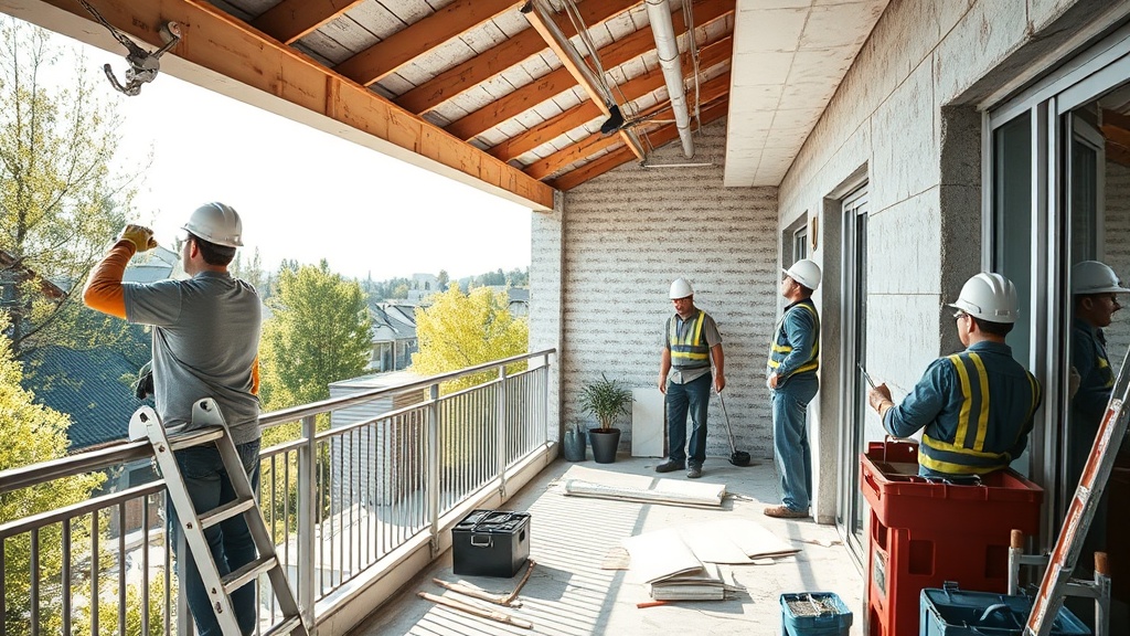 베란다 단열 공사 시 XPS 단열재를 벽면에 설치하는 모습