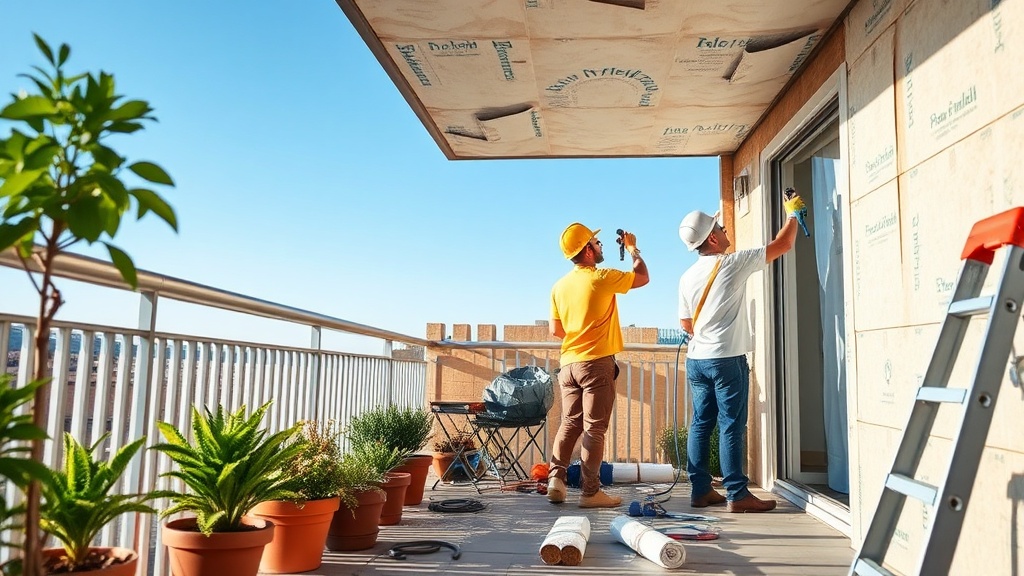 베란다 단열 공사 시 XPS 단열재를 벽면에 설치하는 모습