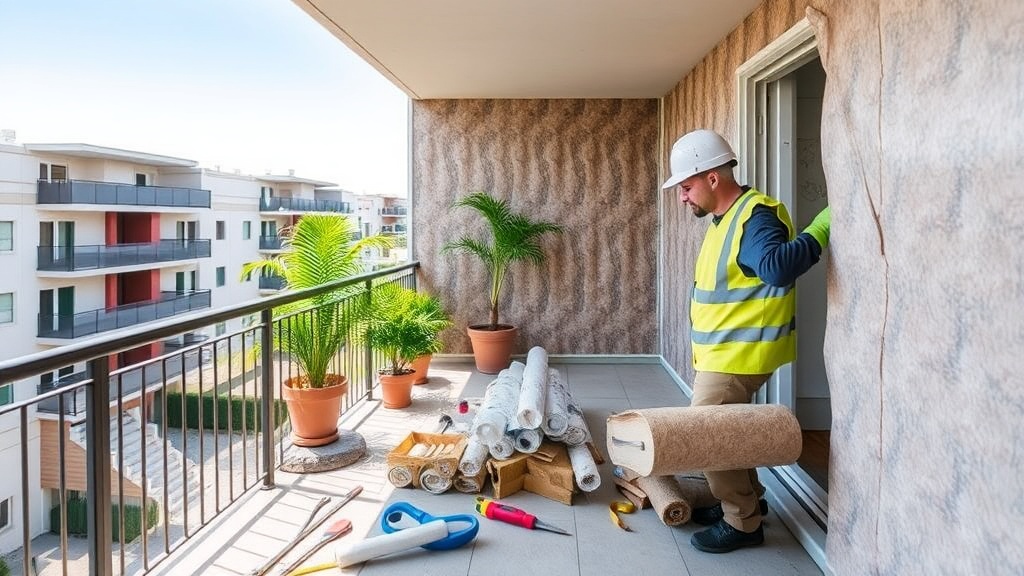 베란다 단열 공사 시 XPS 단열재를 벽면에 설치하는 모습