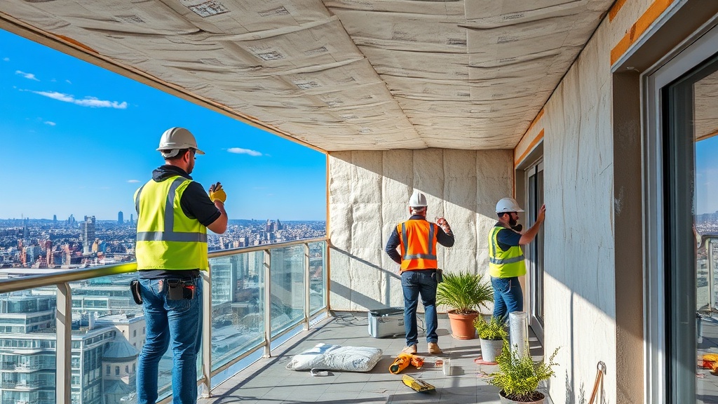 베란다 단열 공사 시 XPS 단열재를 벽면에 설치하는 모습