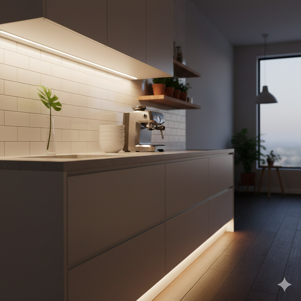 어두운 공간 + 은은한 간접조명(무드등) 분위기