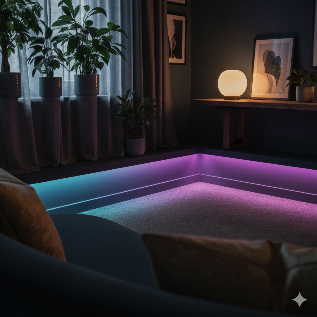 레드 톤 스트립라이트 간접조명으로 무드 있는 공간 연출