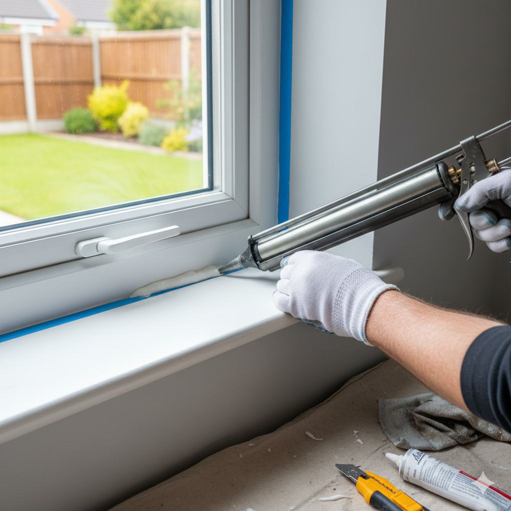 실리콘 건으로 틈새에 실란트를 도포하는 장면”은 주제(문틈/기밀/누기 차단)를 한 컷에 직관적으로 보여줘서 썸네일/대표이미지