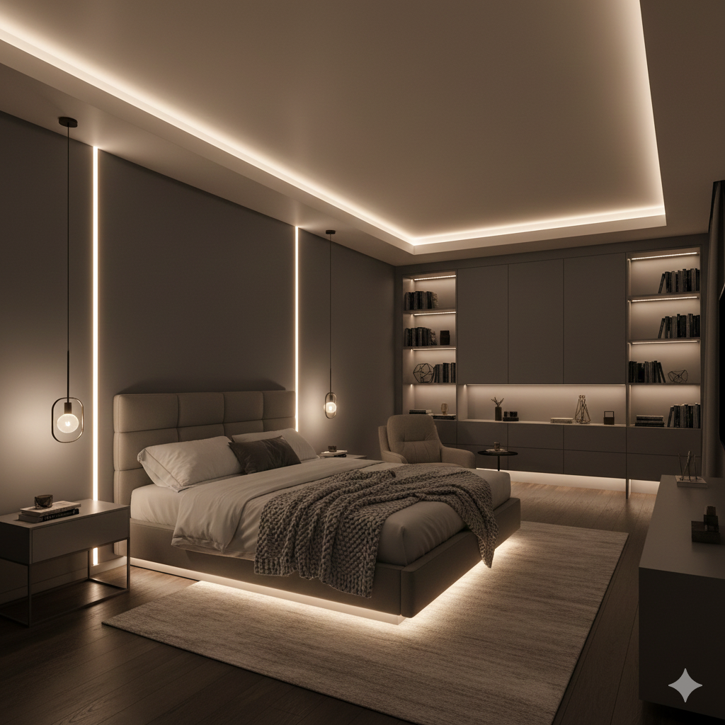 침실에 적용한 은은한 간접조명, 스트립라이트 간접조명 참고