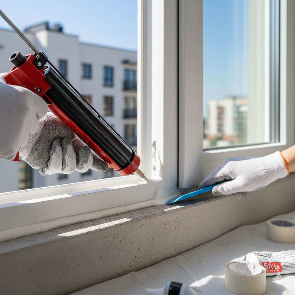 창틀 실리콘 코킹 작업으로 누수와 결로를 예방하는 모습