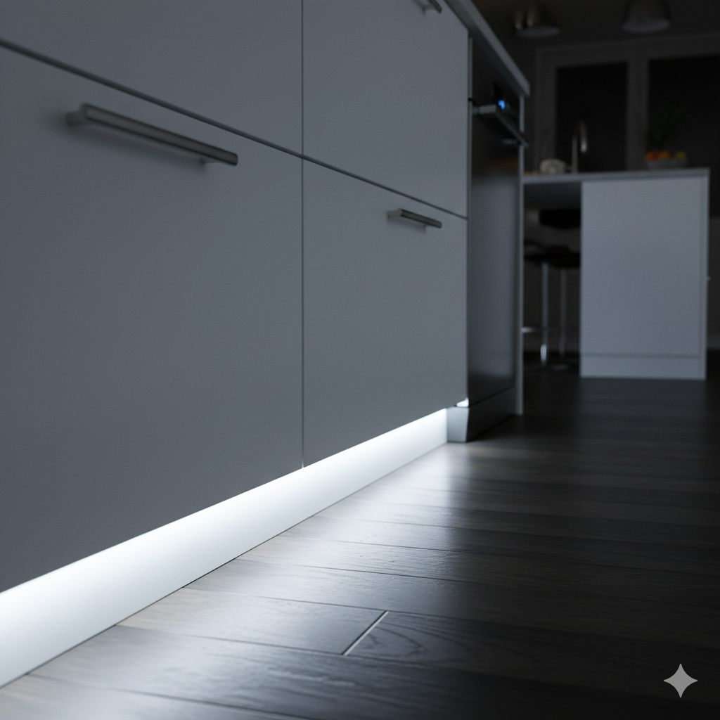 주방 하부에 설치한 스트립라이트 간접조명으로 밝고 깔끔한 라인 조명 연출