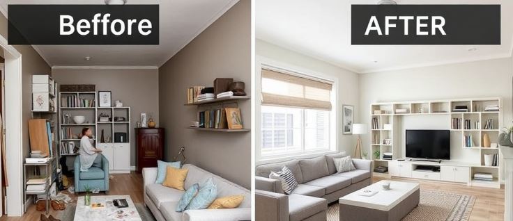 “밝은 톤의 작은 거실에 벽면 선반·수납벤치·다용도 가구가 조화된 실제 인테리어 컷”