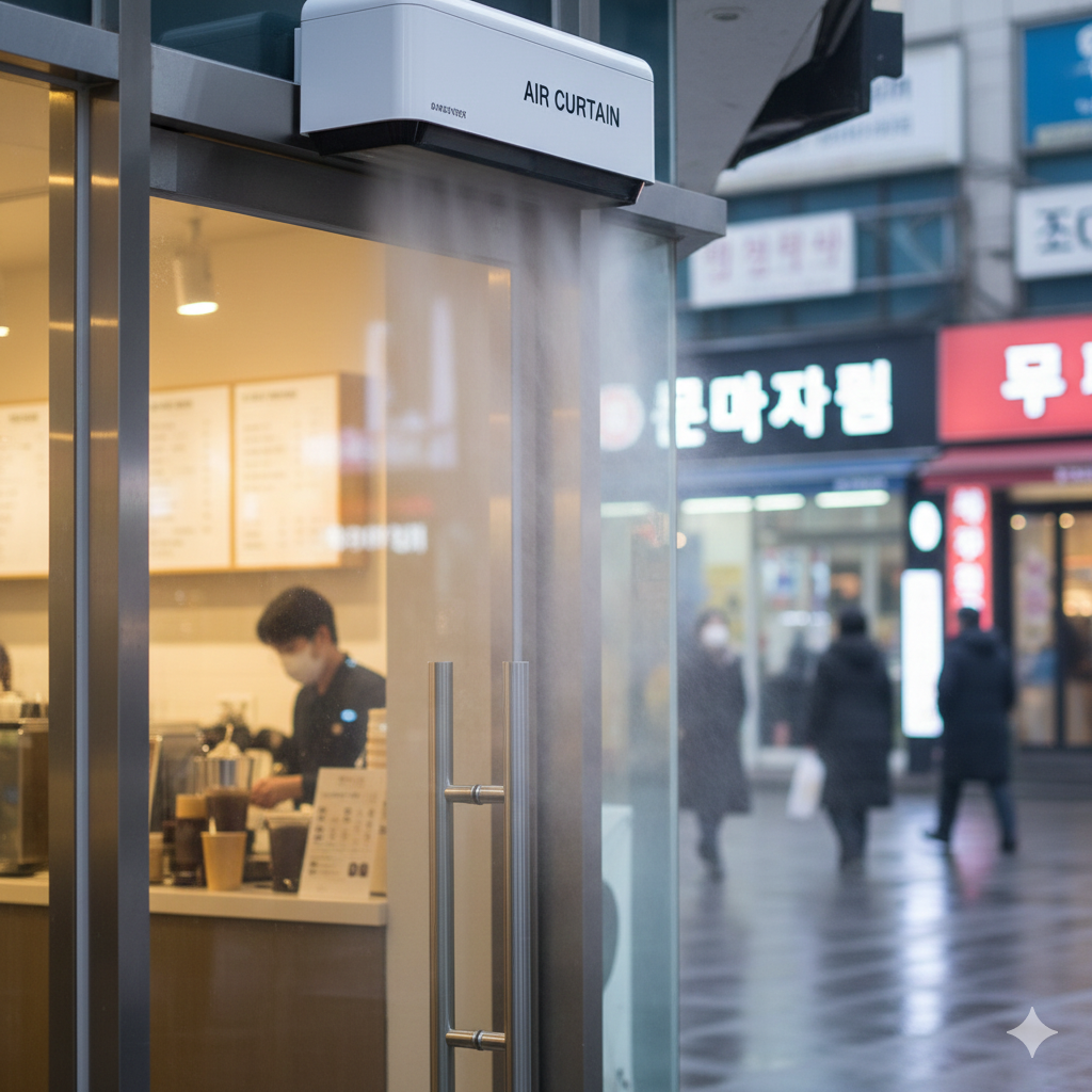 유리 출입문 구조 클로즈업, 겨울 상가 문틈바람 점검 포인트 이미지