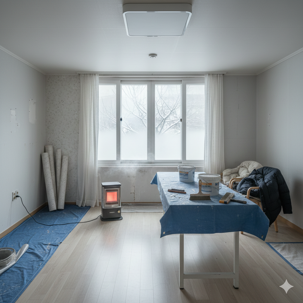 겨울 도배작업을 준비하는 밝은 빈 방 내부 모습