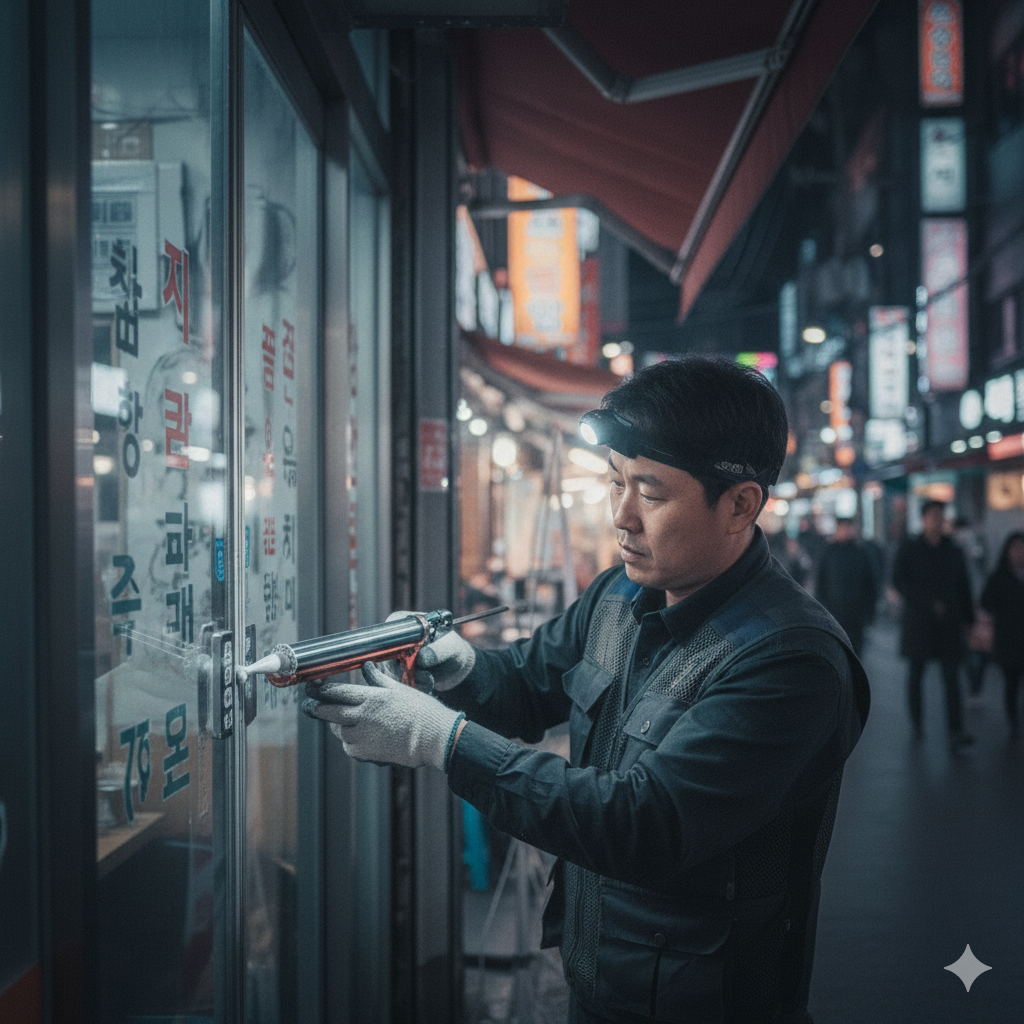 유리 출입문 구조 클로즈업, 겨울 상가 문틈바람 점검 포인트 이미지