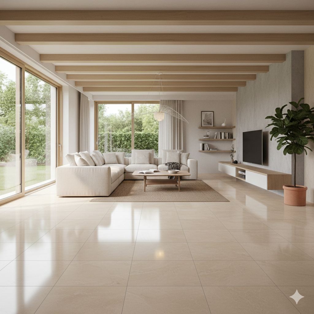밝은 톤의 거실 공간 바닥에 대형 자기질 타일이 시공된 모습