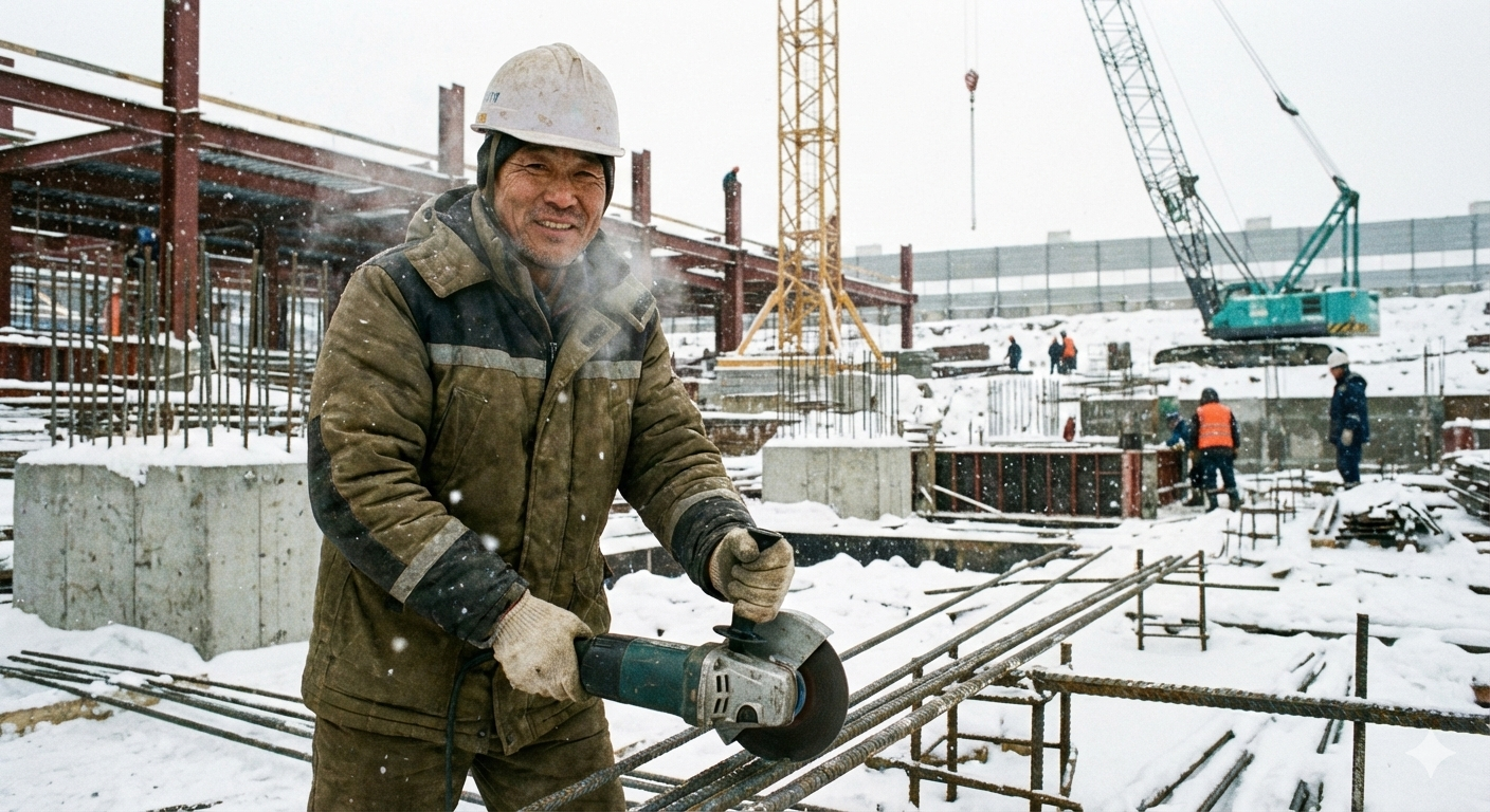 겨울 외부 현장에서 방한복을 입고 작업 중인 작업자