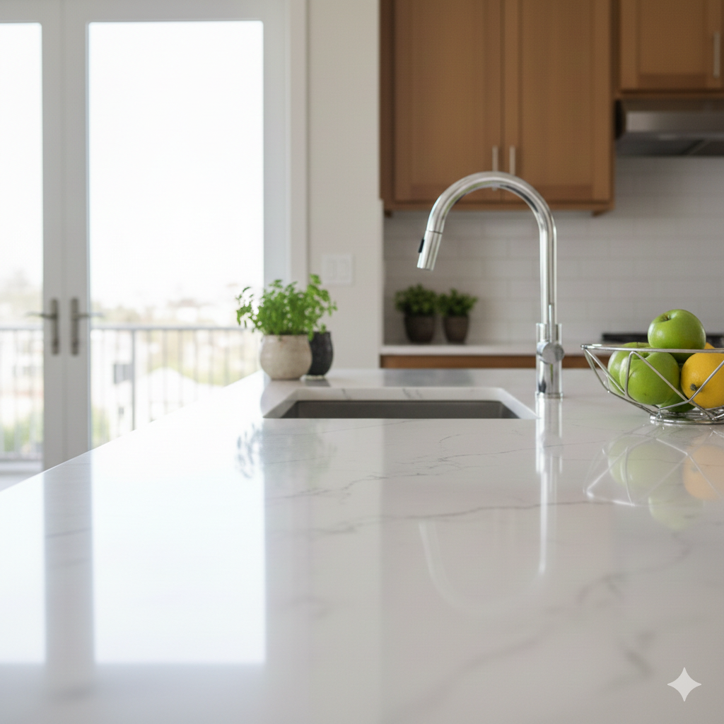 자연광 아래에서 반짝이는 흰색 인조대석 주방 상판