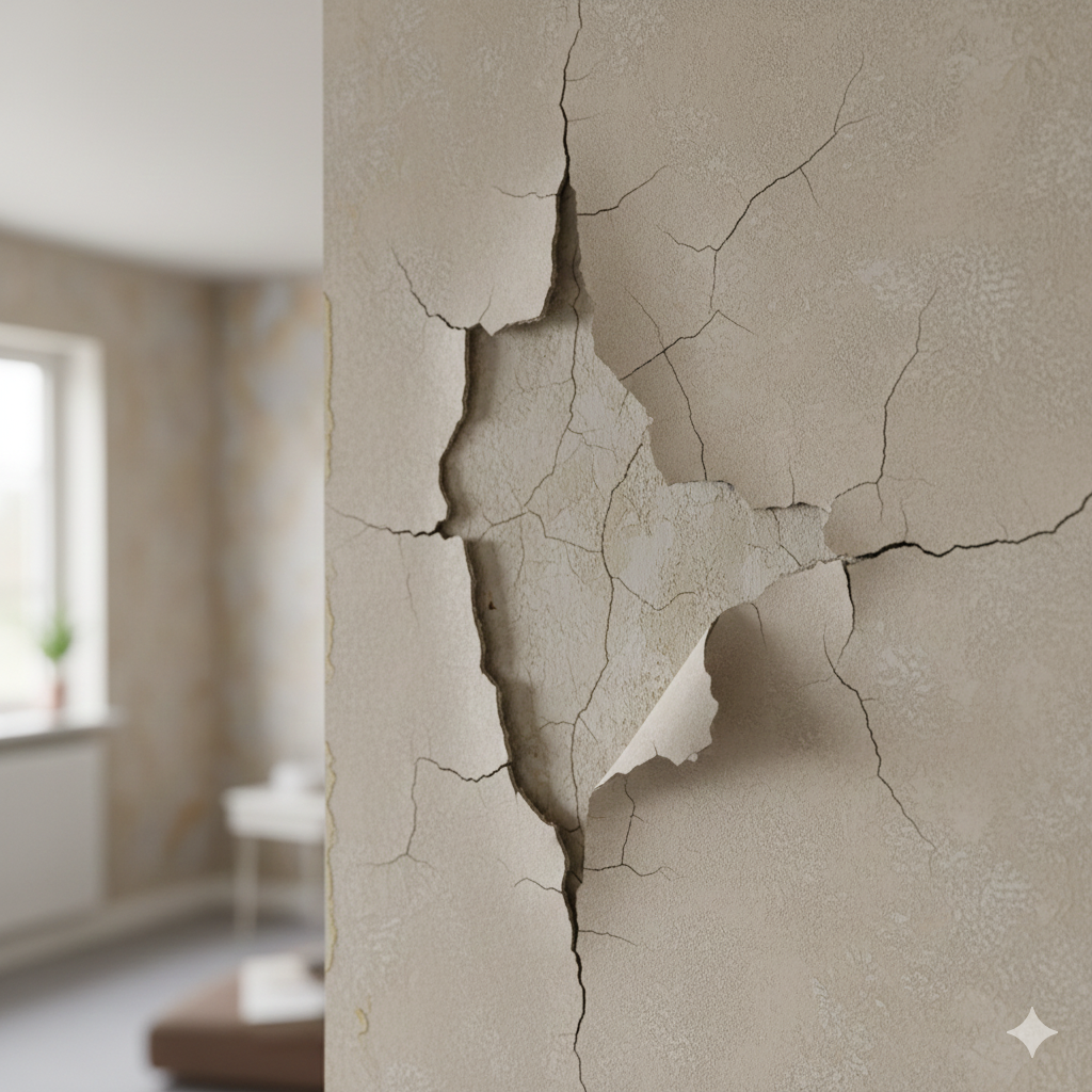 실내 벽지 공사를 필요하는 파손된 벽면 이미지