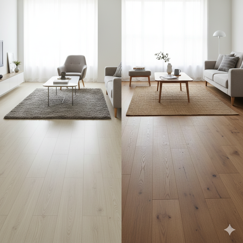 장판과 마루가 적용된 거실 바닥 비교 모습