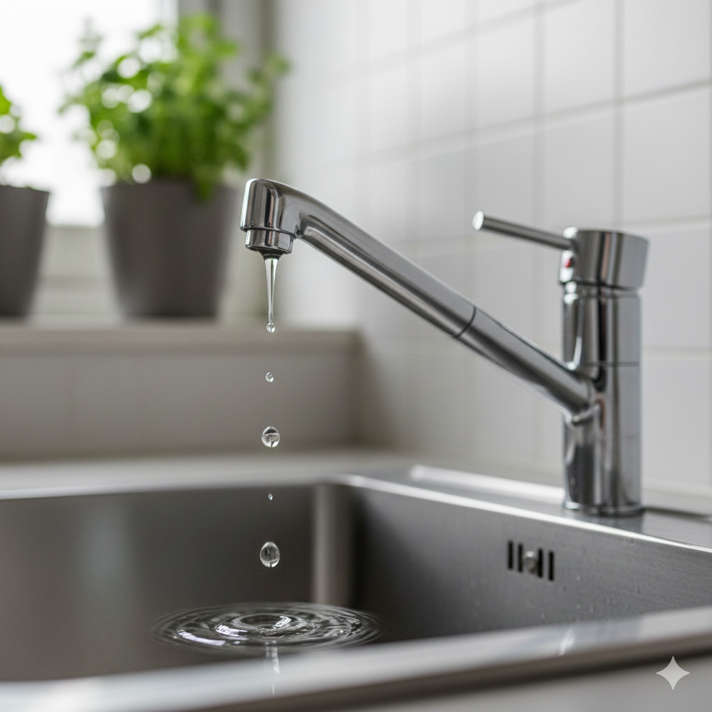 싱크대 수전에서 물방울이 떨어지는 장면